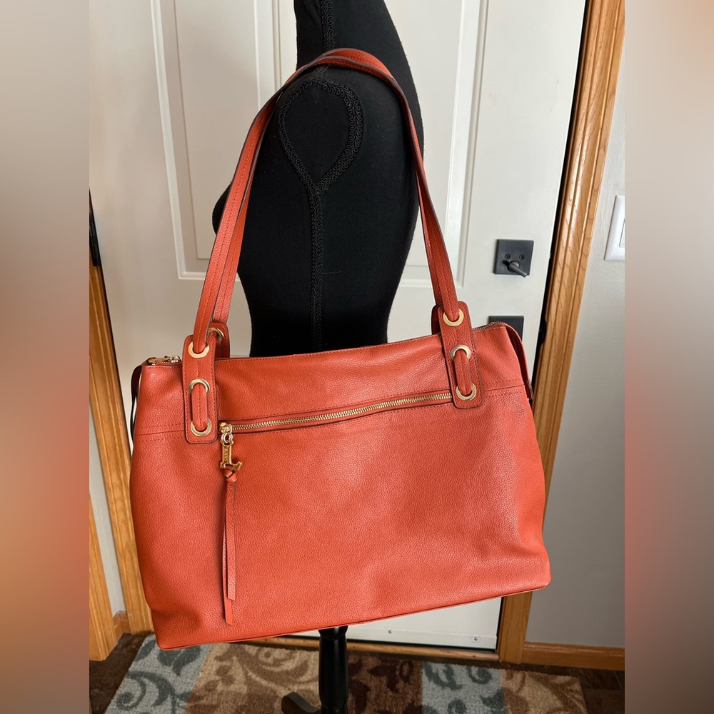 New Lodis Texas leather Amanda 100% leather oversized work tote purse. Orange - Picture 2 of 16